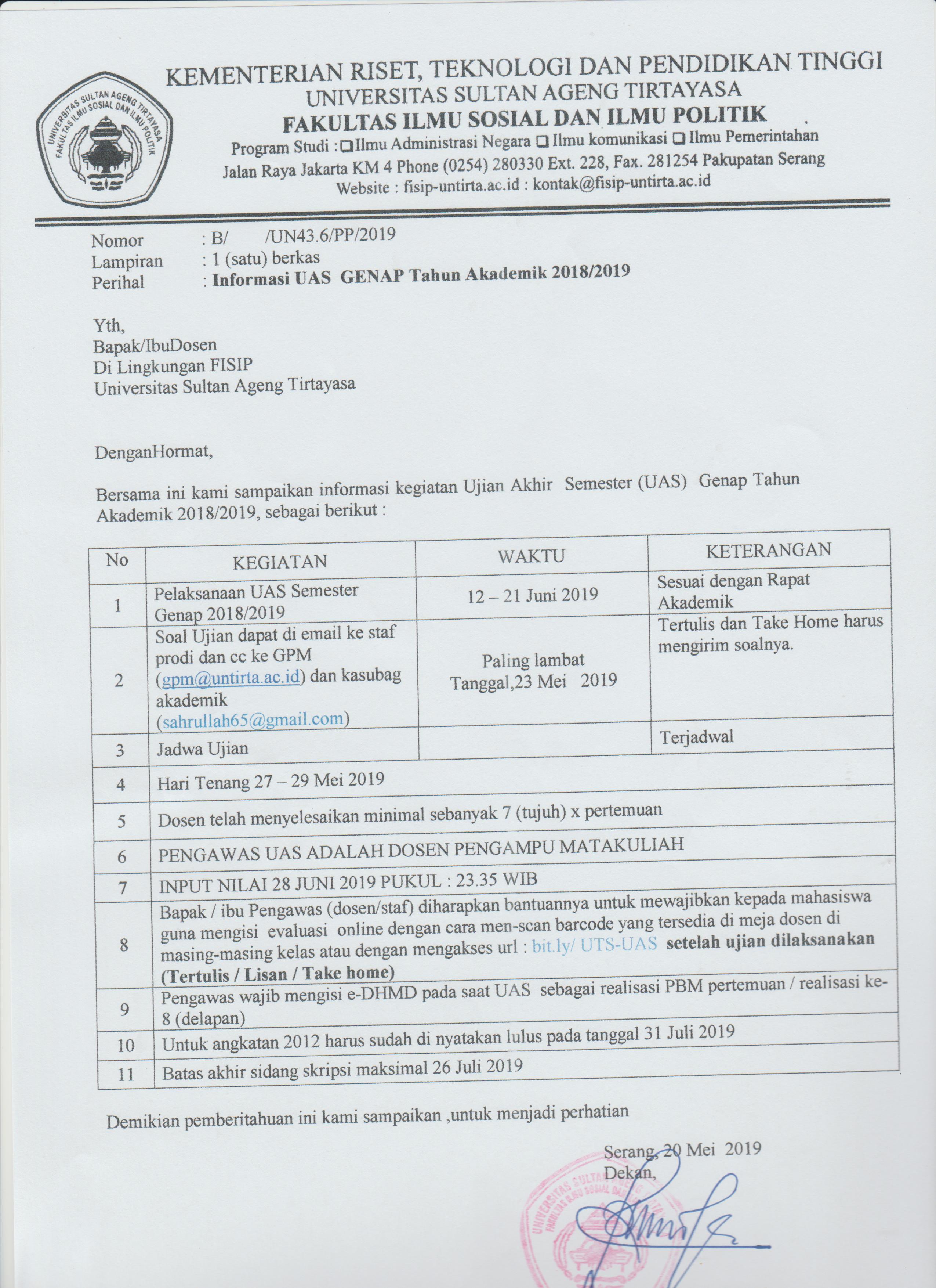Informasi UAS GENAP Tahun Akademik 2018/2019