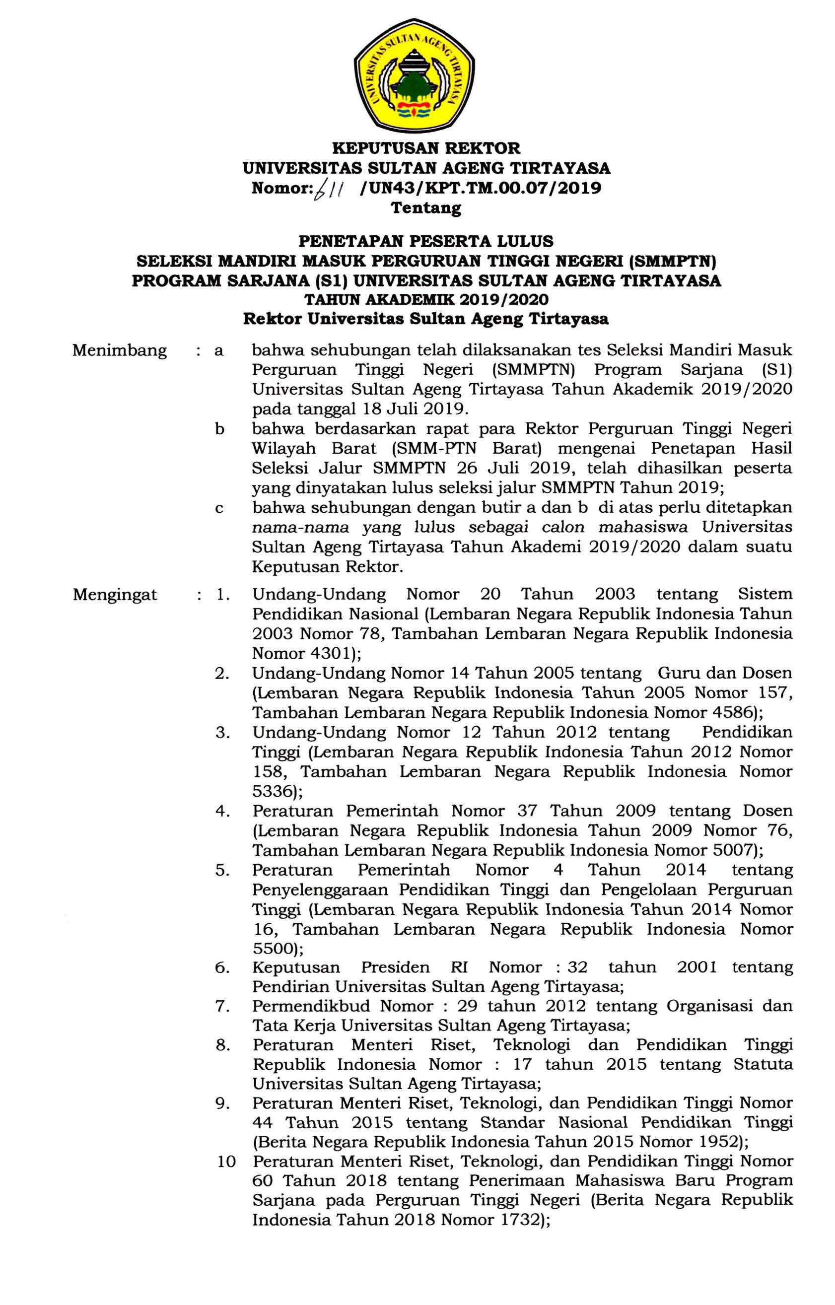 Penetapan Peserta Lulus SMMPTN Program Sarjana (S1) Universitas Sultan Ageng Tirtayasa